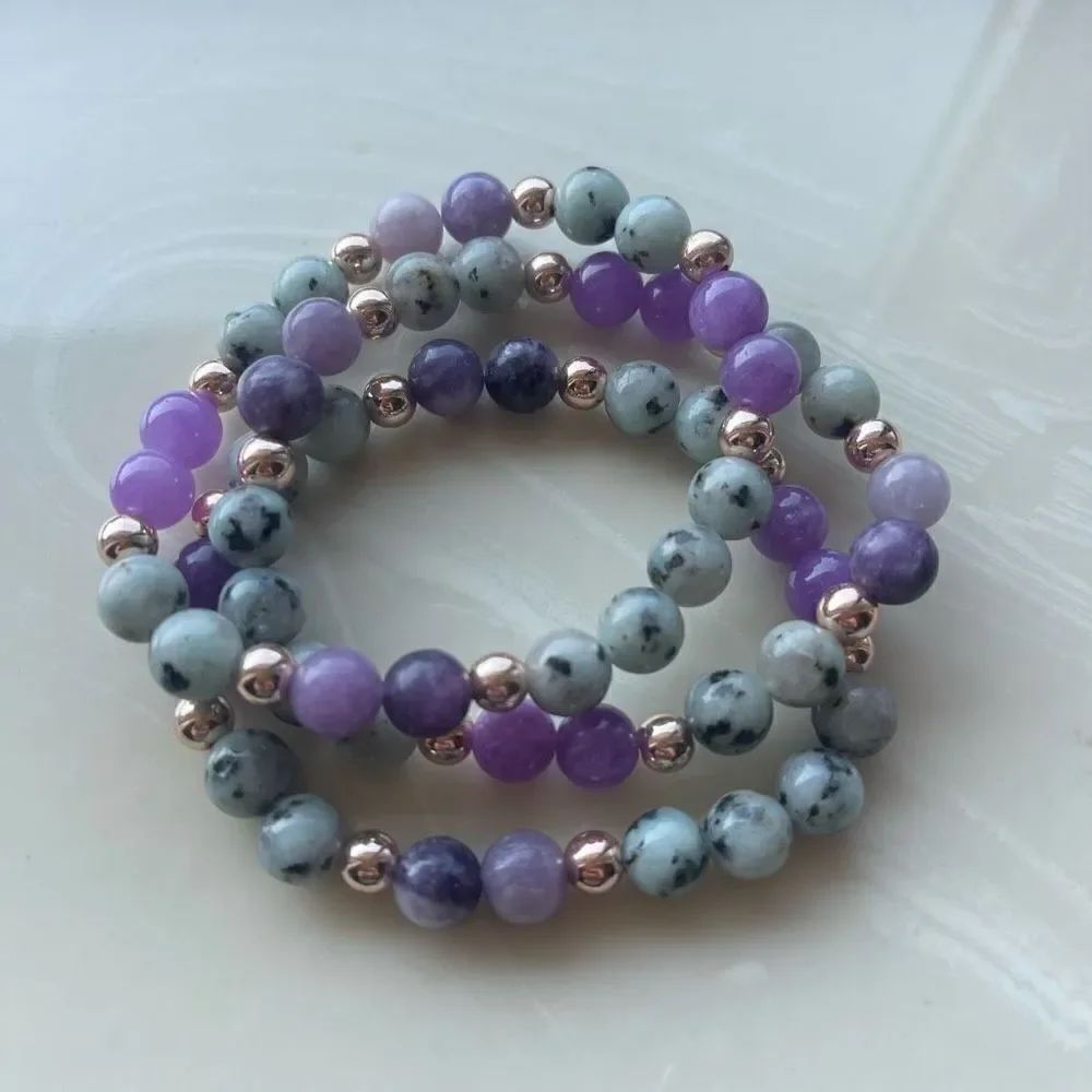 Lepidolite kiwi jasper rose gold tone ONE NEW stretch bracelet crystal stone med